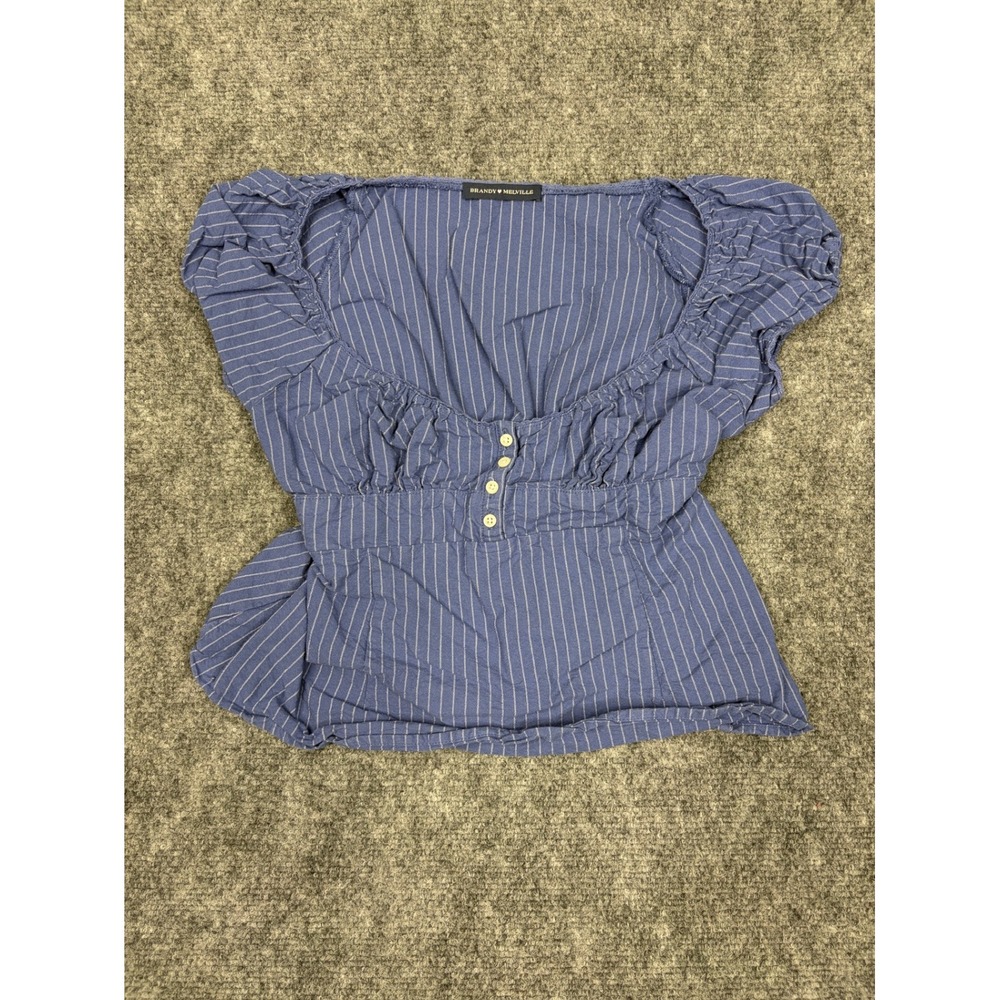 Brandy Melville Blue Pinstripe Puff Sleeve Button Front Smocked Blouse Top